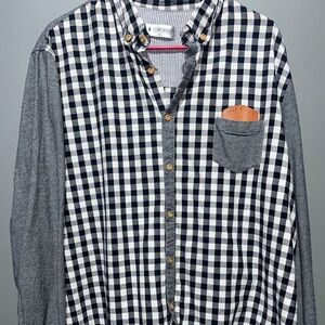 Men's Navy and White Checkered Shirt with Gray Sleeves